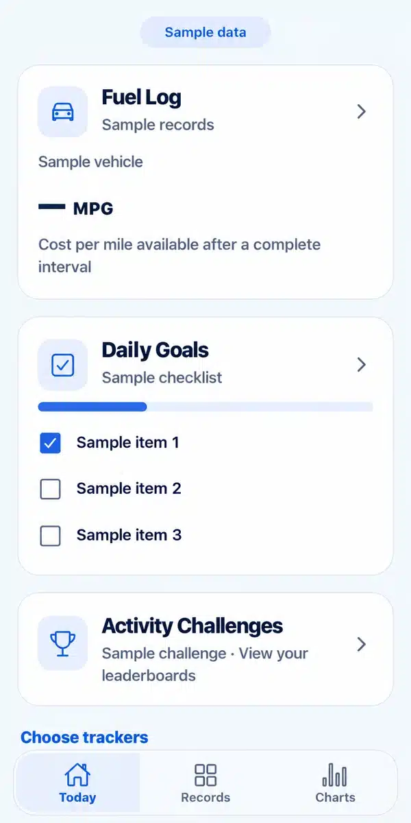 ResultSync App 2 ResultSync app showing sample records, neutral daily checklist items, and activity challenges.